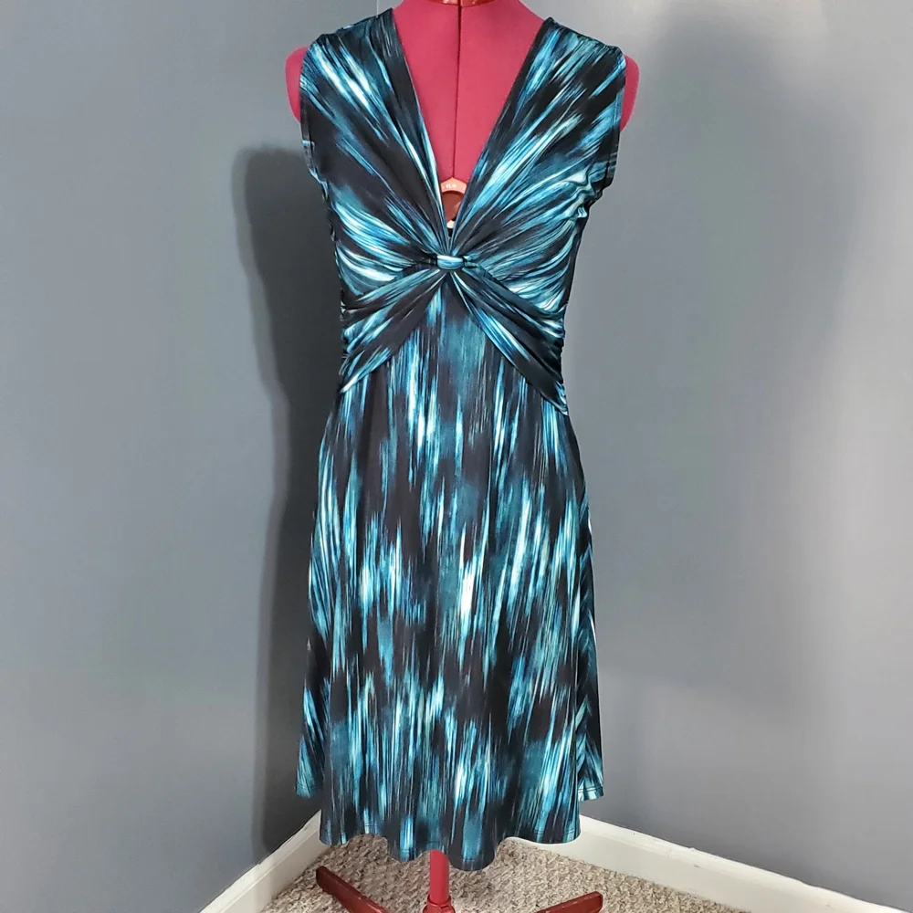 Connected Apparel Teal and Black Midi Stretchy Dress V Neck Size 6 - Picture 1 of 6